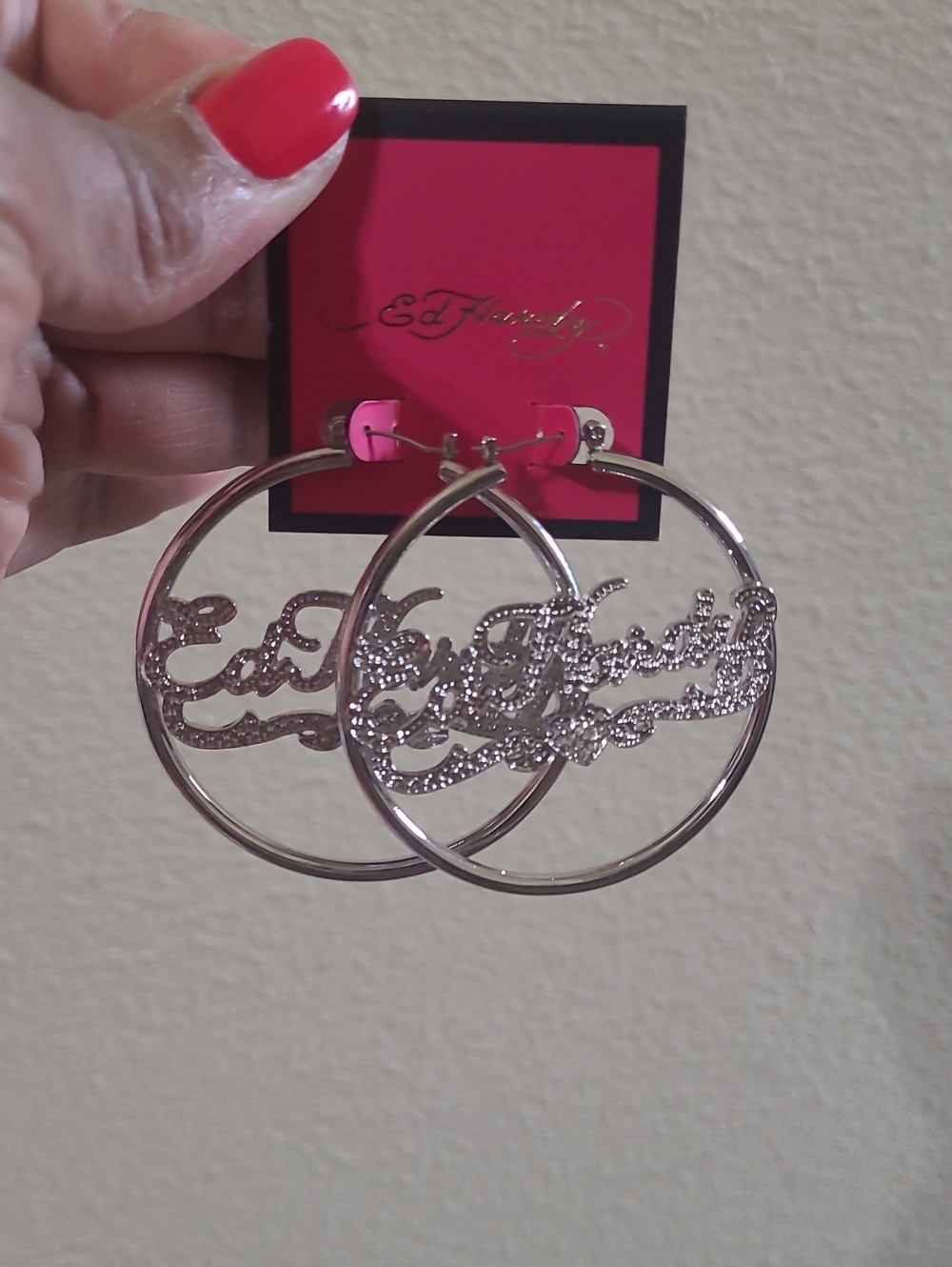 Ed Hardy Silver Hoop Earrings with Script Logo
